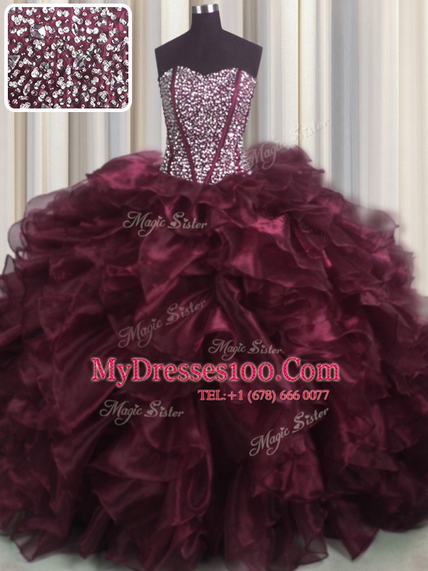 Latest Visible Boning Bling-bling Burgundy Sweet 16 Dress Military Ball and Sweet 16 and Quinceanera and For with Beading and Ruffles Sweetheart Sleeveless Brush Train Lace Up
