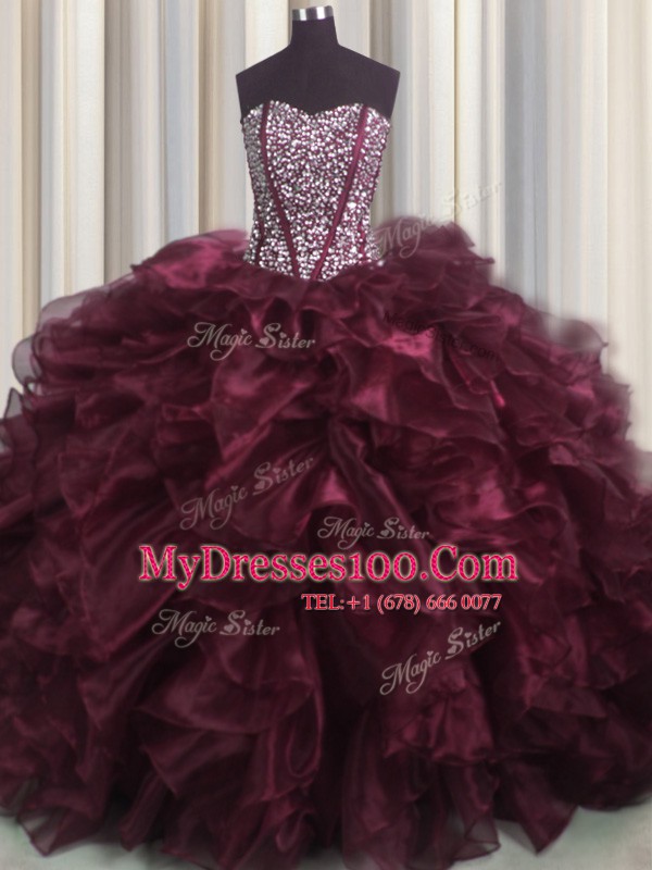 Latest Visible Boning Bling-bling Burgundy Sweet 16 Dress Military Ball and Sweet 16 and Quinceanera and For with Beading and Ruffles Sweetheart Sleeveless Brush Train Lace Up