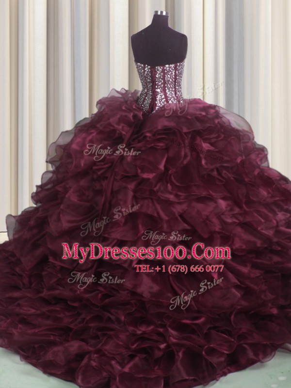 Latest Visible Boning Bling-bling Burgundy Sweet 16 Dress Military Ball and Sweet 16 and Quinceanera and For with Beading and Ruffles Sweetheart Sleeveless Brush Train Lace Up