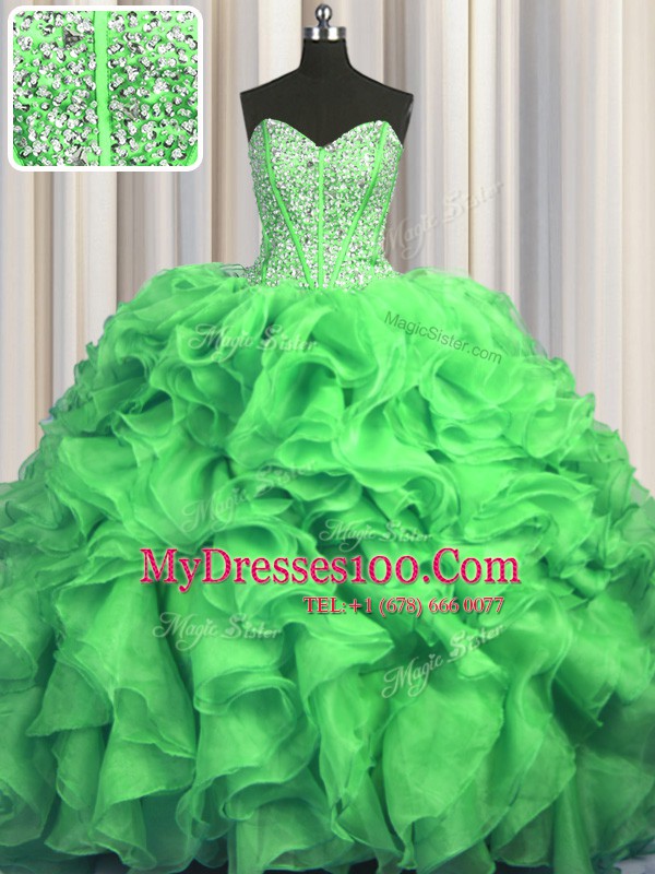 Visible Boning Bling-bling Sleeveless With Train Beading and Ruffles Lace Up 15th Birthday Dress with Sweep Train