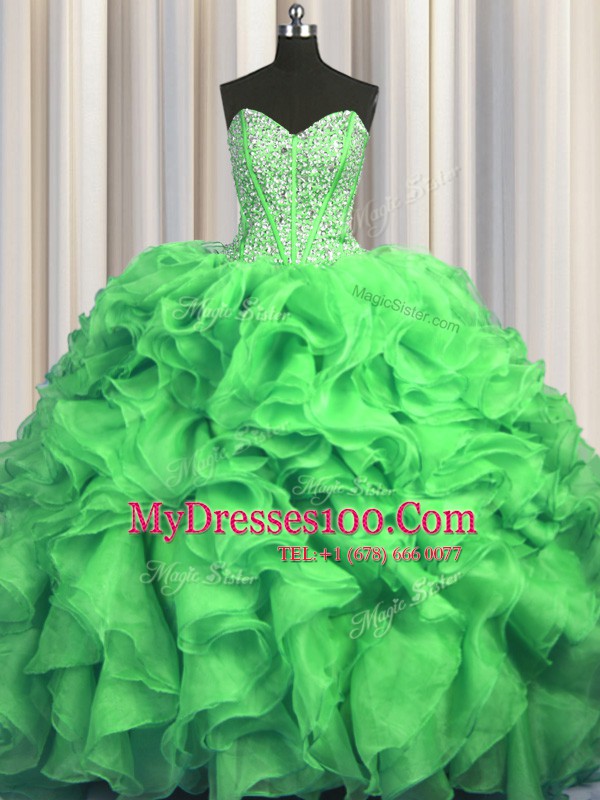 Visible Boning Bling-bling Sleeveless With Train Beading and Ruffles Lace Up 15th Birthday Dress with Sweep Train