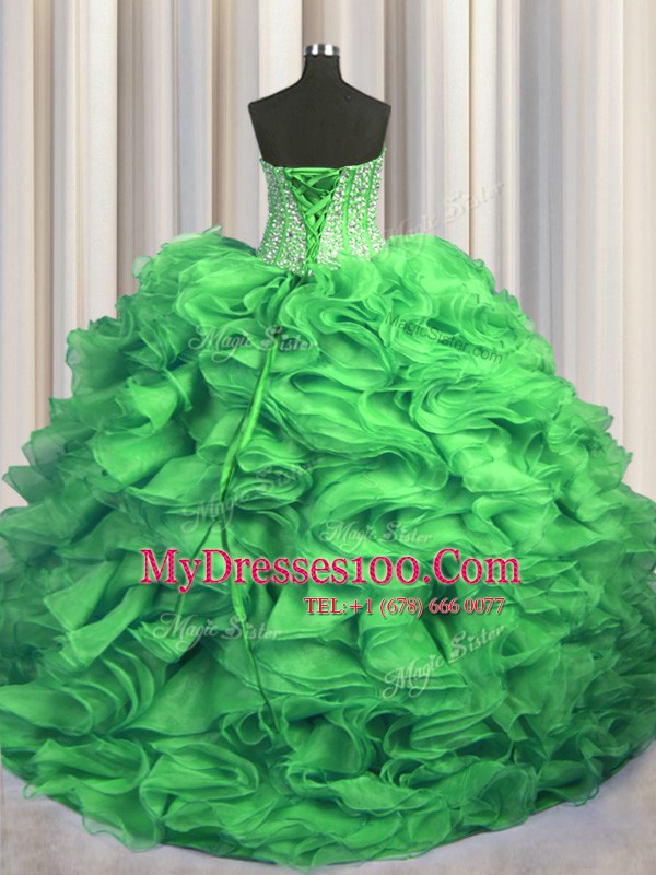 Visible Boning Bling-bling Sleeveless With Train Beading and Ruffles Lace Up 15th Birthday Dress with Sweep Train