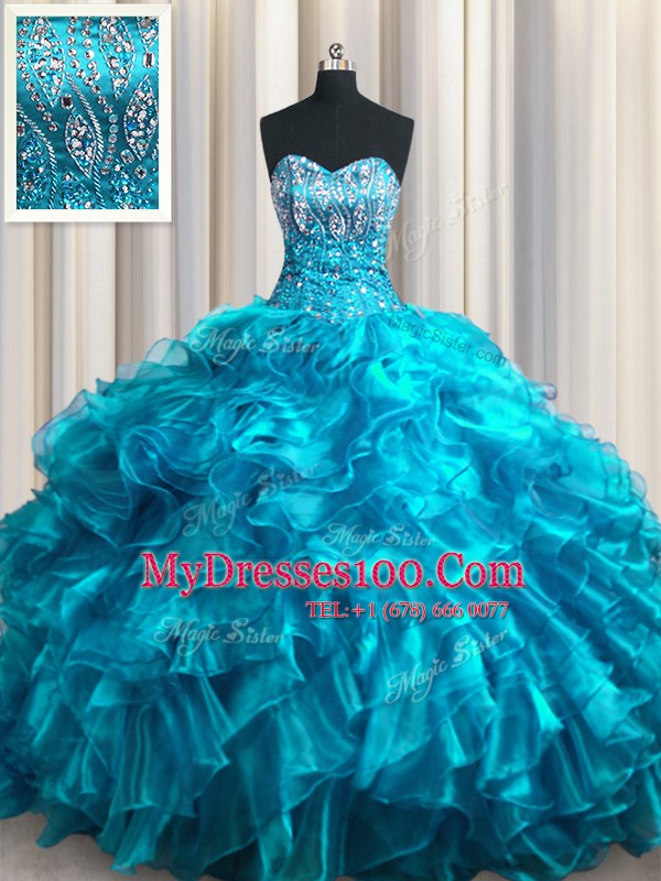 Elegant With Train Lace Up Sweet 16 Quinceanera Dress Teal for Military Ball and Sweet 16 and Quinceanera with Beading and Ruffles Brush Train
