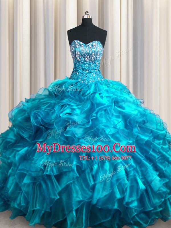 Elegant With Train Lace Up Sweet 16 Quinceanera Dress Teal for Military Ball and Sweet 16 and Quinceanera with Beading and Ruffles Brush Train