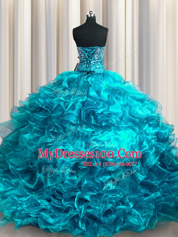Elegant With Train Lace Up Sweet 16 Quinceanera Dress Teal for Military Ball and Sweet 16 and Quinceanera with Beading and Ruffles Brush Train