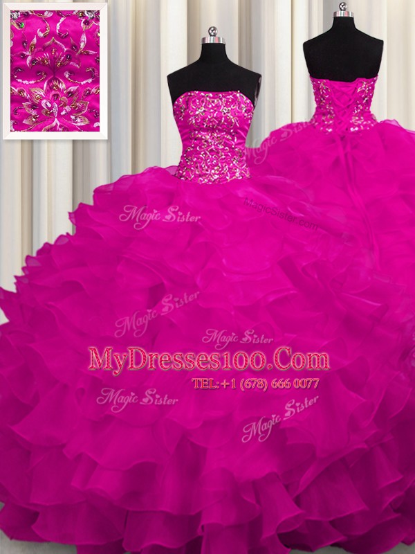 Eye-catching Strapless Sleeveless Sweep Train Lace Up Quince Ball Gowns Fuchsia Organza