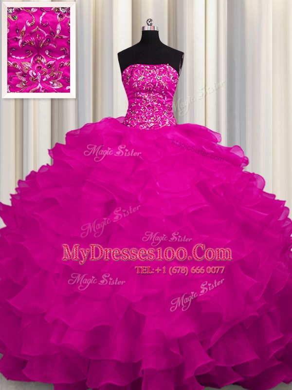 Eye-catching Strapless Sleeveless Sweep Train Lace Up Quince Ball Gowns Fuchsia Organza