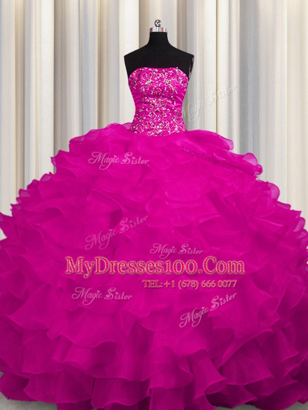 Eye-catching Strapless Sleeveless Sweep Train Lace Up Quince Ball Gowns Fuchsia Organza