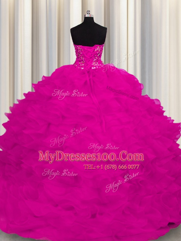 Eye-catching Strapless Sleeveless Sweep Train Lace Up Quince Ball Gowns Fuchsia Organza