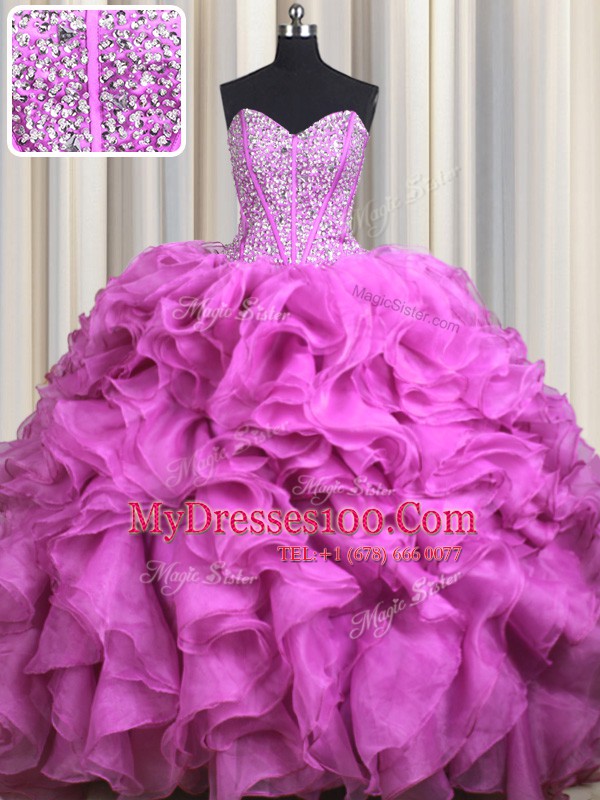 Visible Boning With Train Fuchsia 15 Quinceanera Dress Organza Brush Train Sleeveless Beading and Ruffles