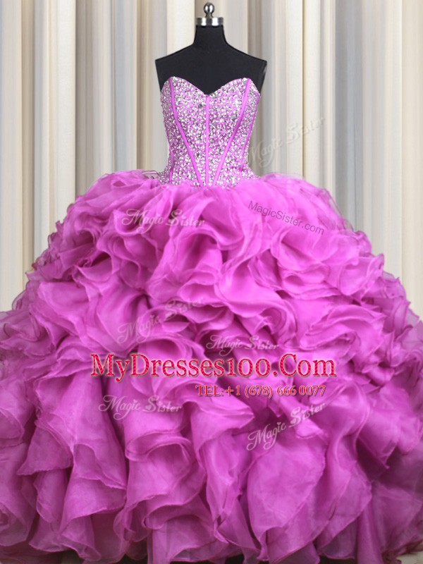 Visible Boning With Train Fuchsia 15 Quinceanera Dress Organza Brush Train Sleeveless Beading and Ruffles