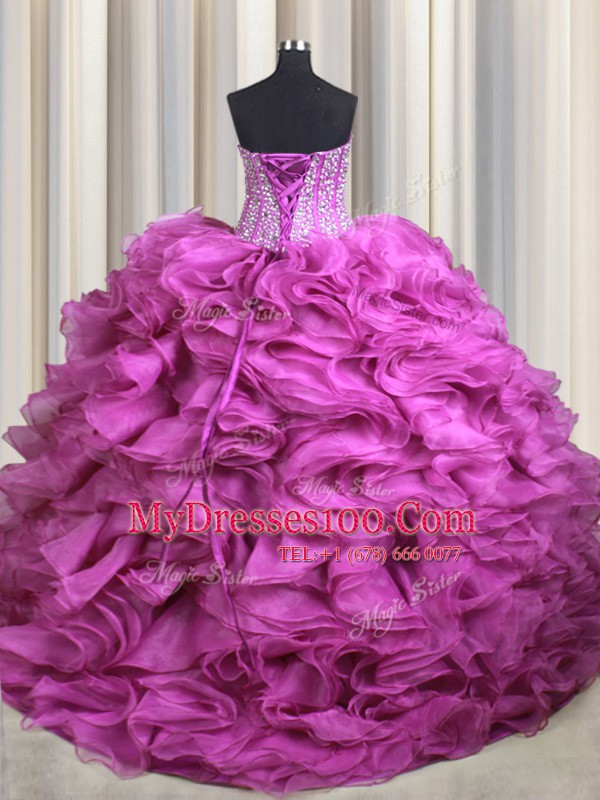 Visible Boning With Train Fuchsia 15 Quinceanera Dress Organza Brush Train Sleeveless Beading and Ruffles