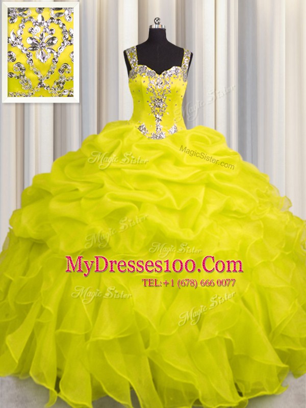 See Through Zipper Up Yellow Ball Gowns Appliques and Ruffles Quinceanera Gown Zipper Organza Sleeveless Floor Length
