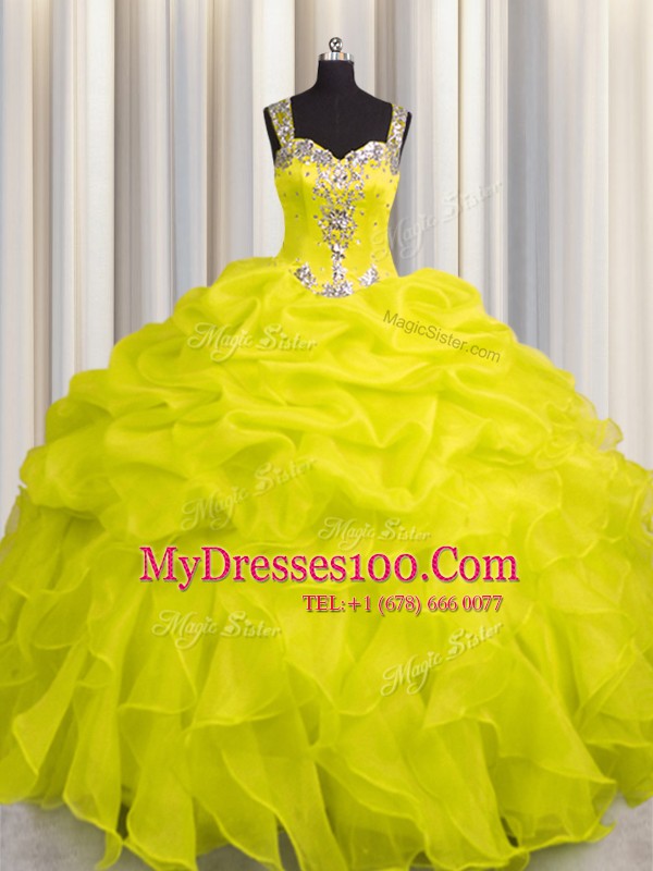 See Through Zipper Up Yellow Ball Gowns Appliques and Ruffles Quinceanera Gown Zipper Organza Sleeveless Floor Length