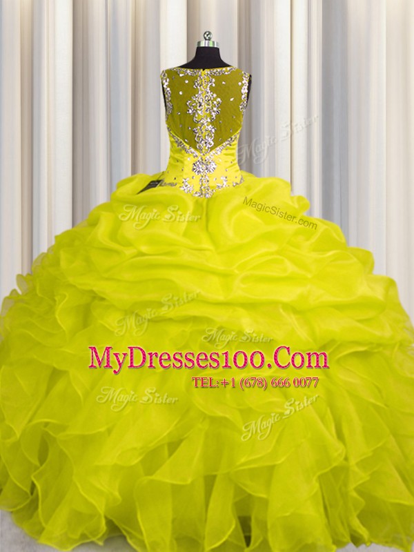 See Through Zipper Up Yellow Ball Gowns Appliques and Ruffles Quinceanera Gown Zipper Organza Sleeveless Floor Length