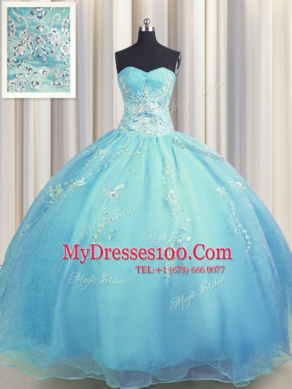 Zipper Up Floor Length Baby Blue and Light Blue Quinceanera Gown Organza Sleeveless Beading and Appliques
