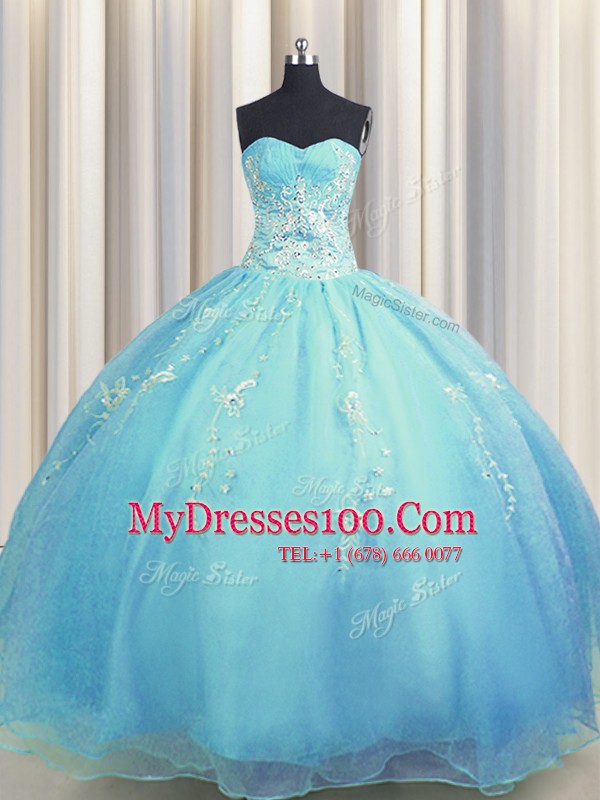 Zipper Up Floor Length Baby Blue and Light Blue Quinceanera Gown Organza Sleeveless Beading and Appliques