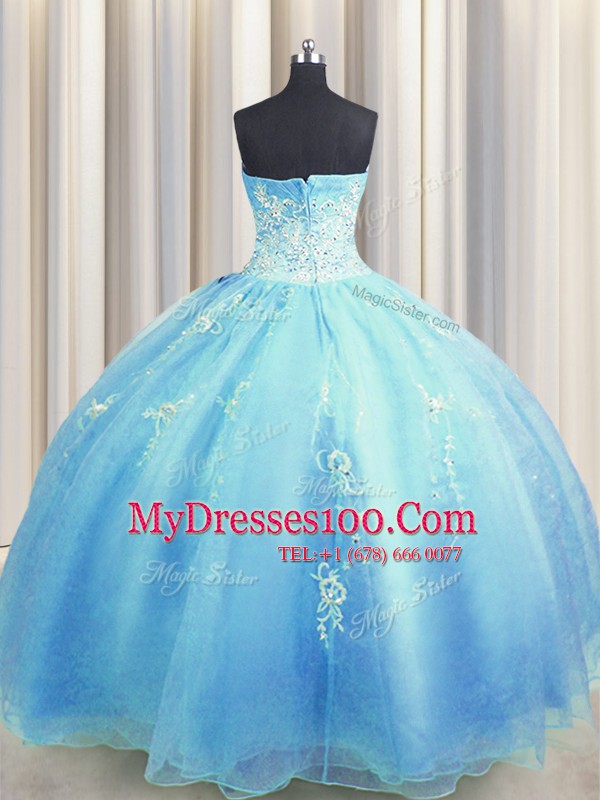 Zipper Up Floor Length Baby Blue and Light Blue Quinceanera Gown Organza Sleeveless Beading and Appliques