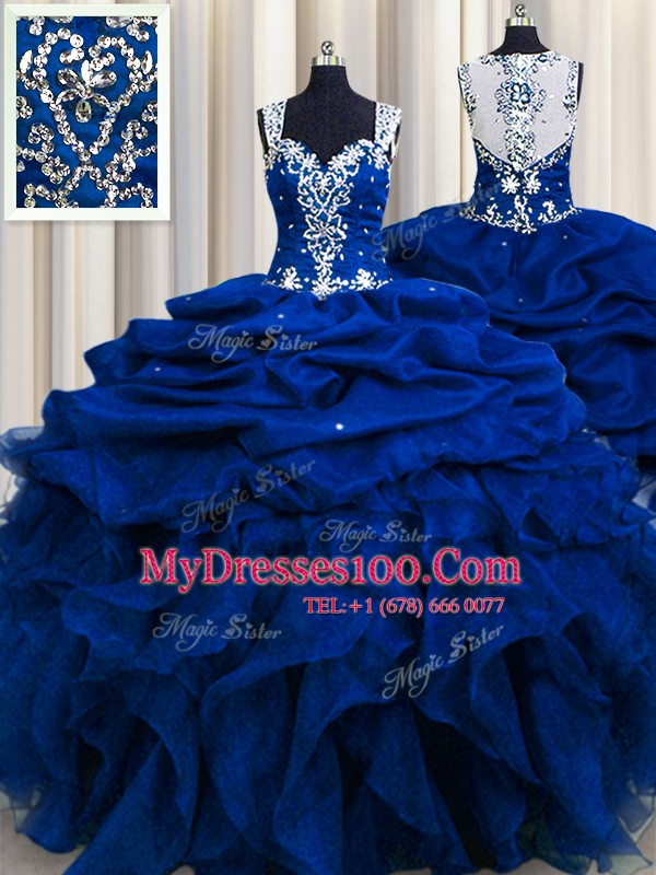 Adorable Zipple Up See Through Back Beading and Ruffles and Sequins and Pick Ups Sweet 16 Dress Royal Blue Zipper Sleeveless Floor Length