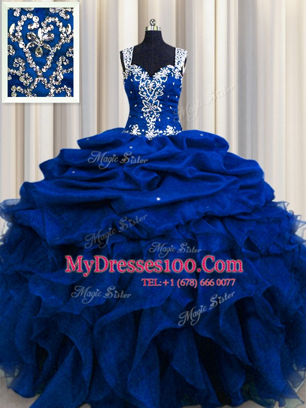 Adorable Zipple Up See Through Back Beading and Ruffles and Sequins and Pick Ups Sweet 16 Dress Royal Blue Zipper Sleeveless Floor Length