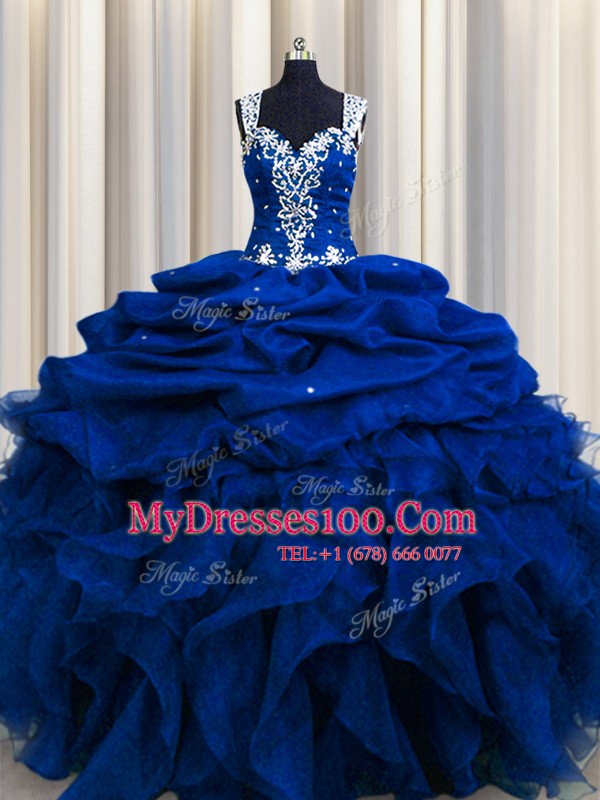 Adorable Zipple Up See Through Back Beading and Ruffles and Sequins and Pick Ups Sweet 16 Dress Royal Blue Zipper Sleeveless Floor Length