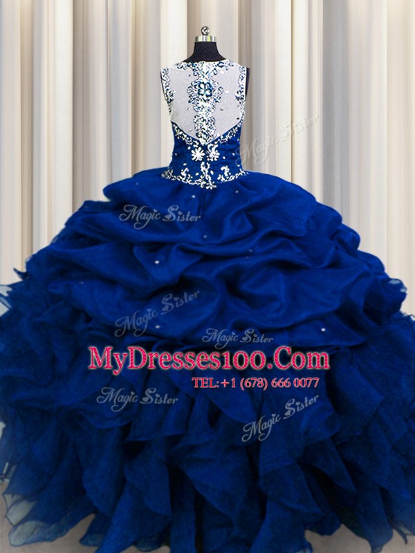 Adorable Zipple Up See Through Back Beading and Ruffles and Sequins and Pick Ups Sweet 16 Dress Royal Blue Zipper Sleeveless Floor Length
