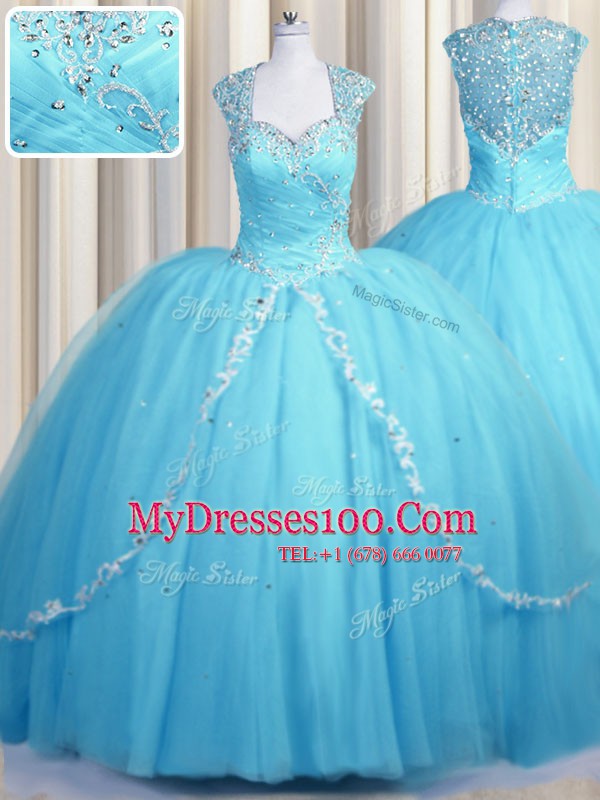 Luxury See Through Brush Train Baby Blue Ball Gowns Beading and Appliques Sweet 16 Dress Zipper Tulle Cap Sleeves With Train