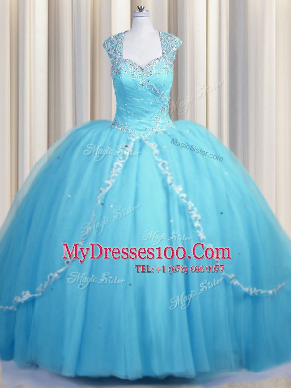 Luxury See Through Brush Train Baby Blue Ball Gowns Beading and Appliques Sweet 16 Dress Zipper Tulle Cap Sleeves With Train