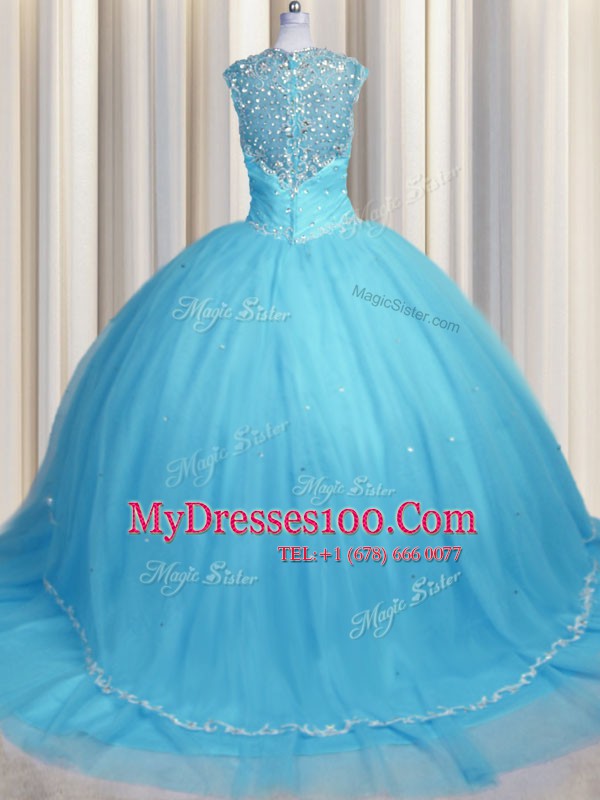 Luxury See Through Brush Train Baby Blue Ball Gowns Beading and Appliques Sweet 16 Dress Zipper Tulle Cap Sleeves With Train