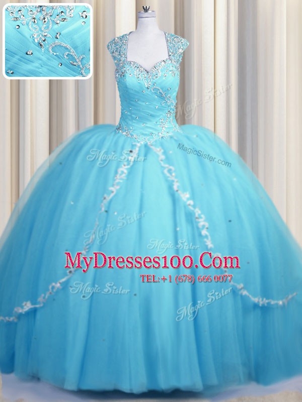 Luxury See Through Brush Train Baby Blue Ball Gowns Beading and Appliques Sweet 16 Dress Zipper Tulle Cap Sleeves With Train