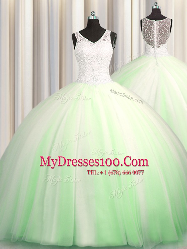 Flare See Through Zipple Up V-neck Sleeveless 15 Quinceanera Dress Brush Train Beading and Appliques Tulle