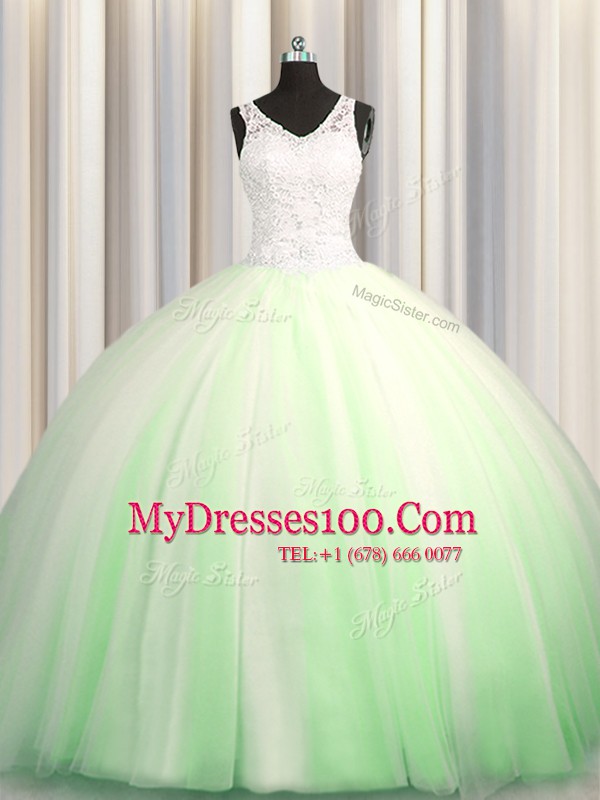 Flare See Through Zipple Up V-neck Sleeveless 15 Quinceanera Dress Brush Train Beading and Appliques Tulle