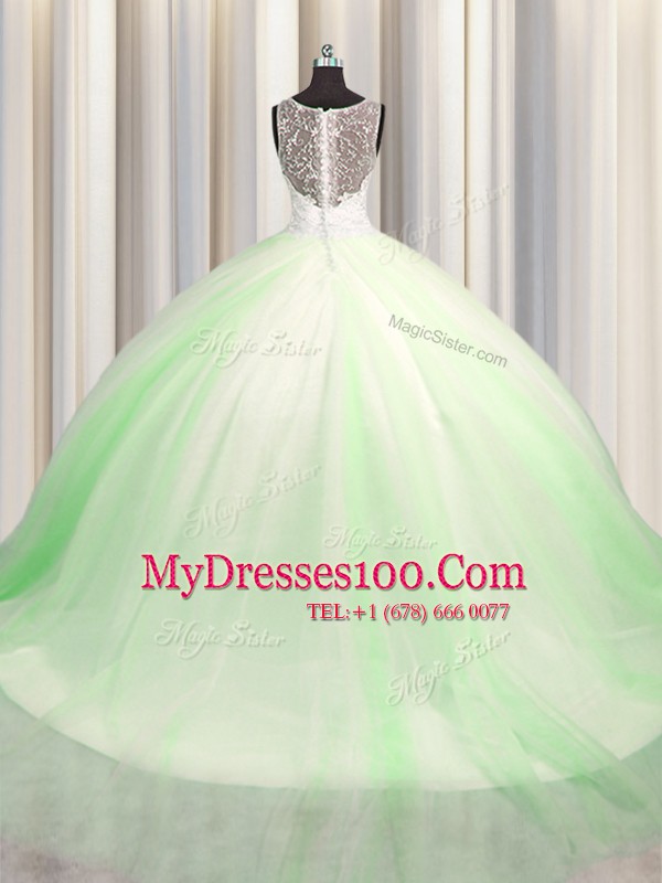 Flare See Through Zipple Up V-neck Sleeveless 15 Quinceanera Dress Brush Train Beading and Appliques Tulle