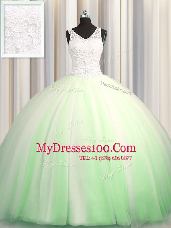 Flare See Through Zipple Up V-neck Sleeveless 15 Quinceanera Dress Brush Train Beading and Appliques Tulle