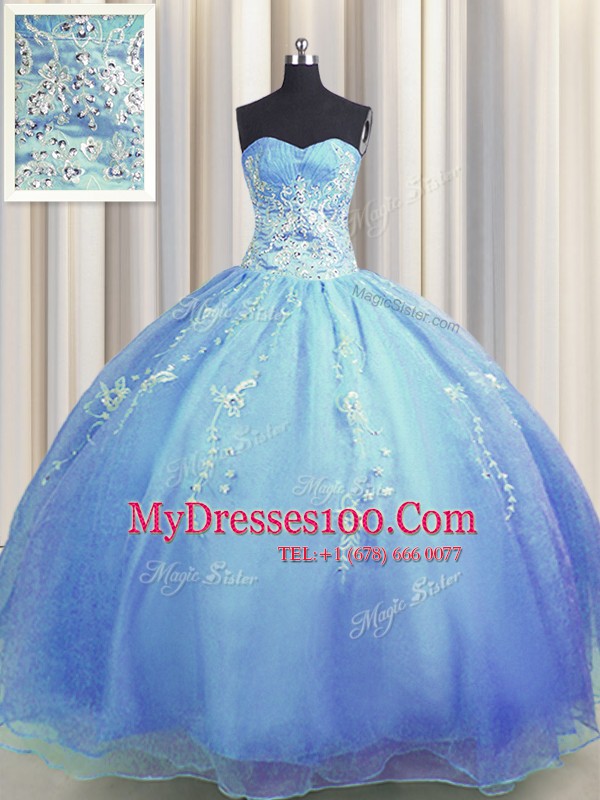 Admirable Zipper Up Blue Sleeveless Organza Zipper 15th Birthday Dress for Military Ball and Sweet 16 and Quinceanera