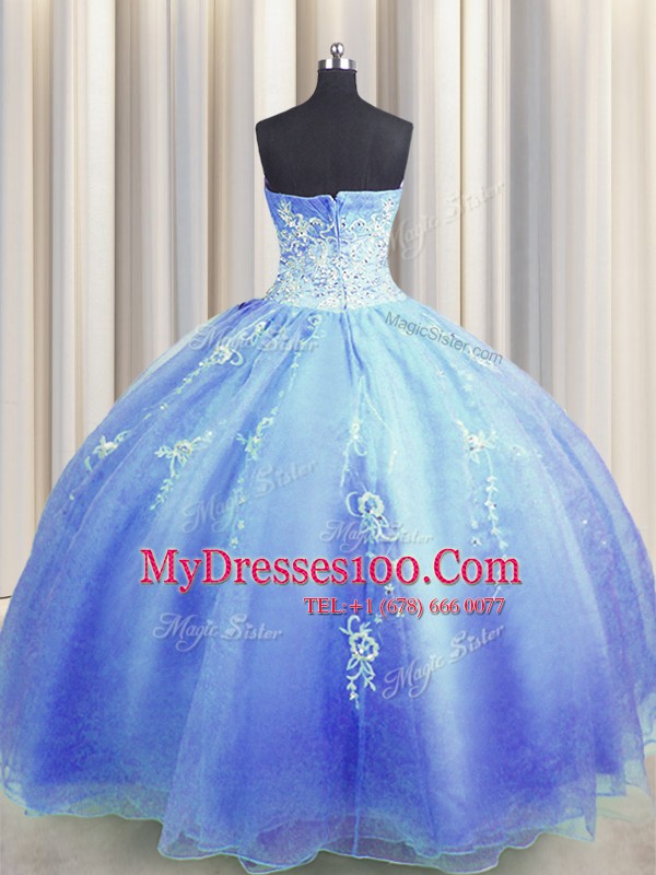 Admirable Zipper Up Blue Sleeveless Organza Zipper 15th Birthday Dress for Military Ball and Sweet 16 and Quinceanera