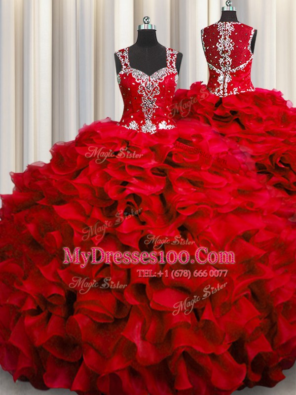 Best Zipple Up See Through Back Wine Red Ball Gowns Straps Sleeveless Organza Floor Length Zipper Beading and Ruffles Ball Gown Prom Dress