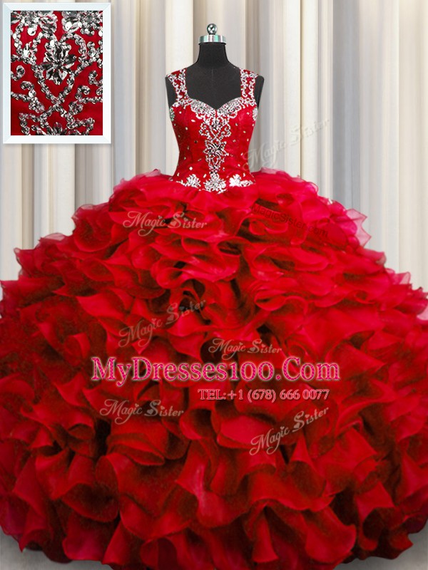 Best Zipple Up See Through Back Wine Red Ball Gowns Straps Sleeveless Organza Floor Length Zipper Beading and Ruffles Ball Gown Prom Dress