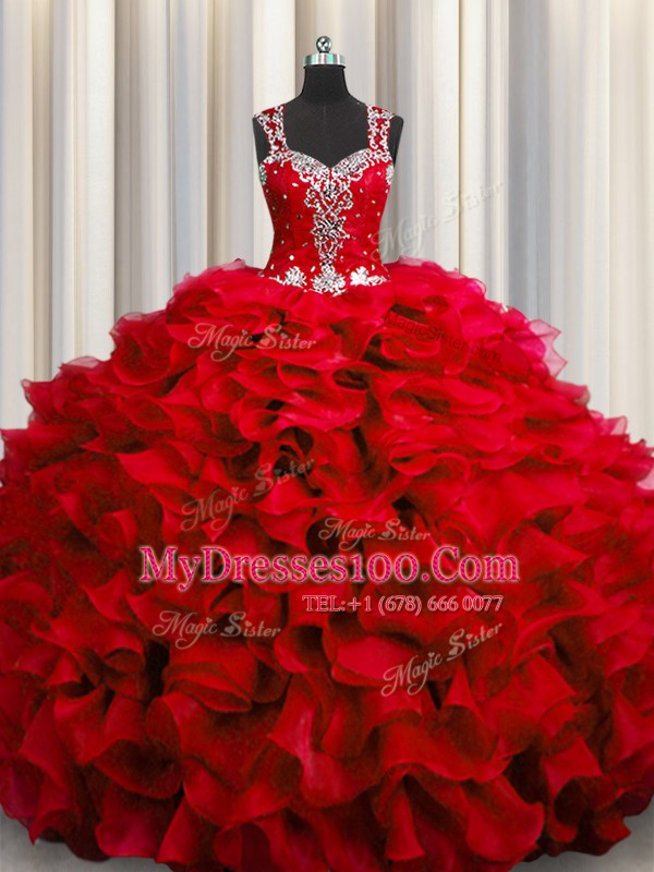 Best Zipple Up See Through Back Wine Red Ball Gowns Straps Sleeveless Organza Floor Length Zipper Beading and Ruffles Ball Gown Prom Dress