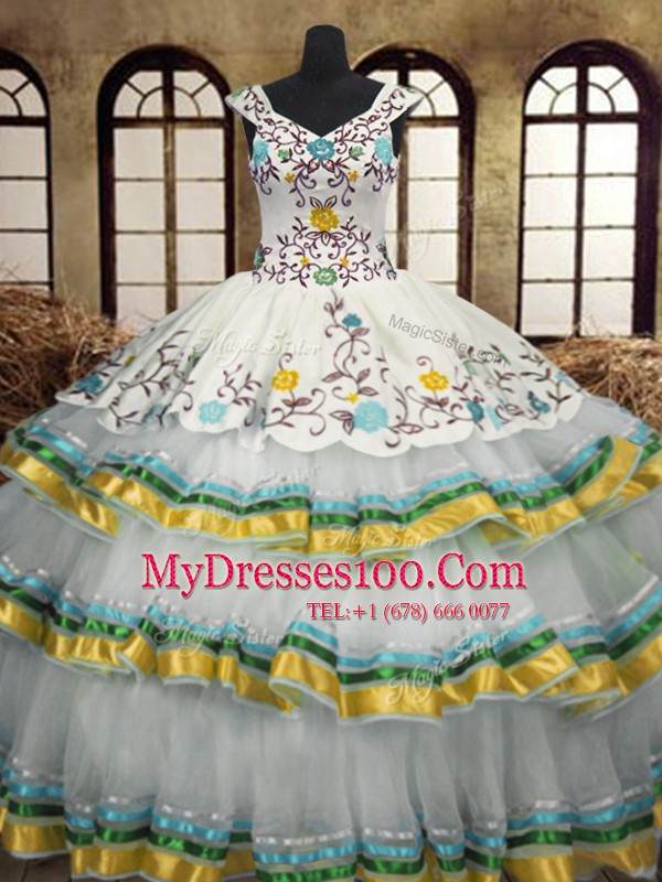 Multi-color V-neck Lace Up Embroidery and Ruffled Layers Vestidos de Quinceanera Sleeveless