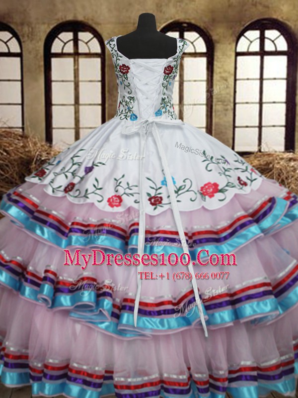Multi-color V-neck Lace Up Embroidery and Ruffled Layers Vestidos de Quinceanera Sleeveless