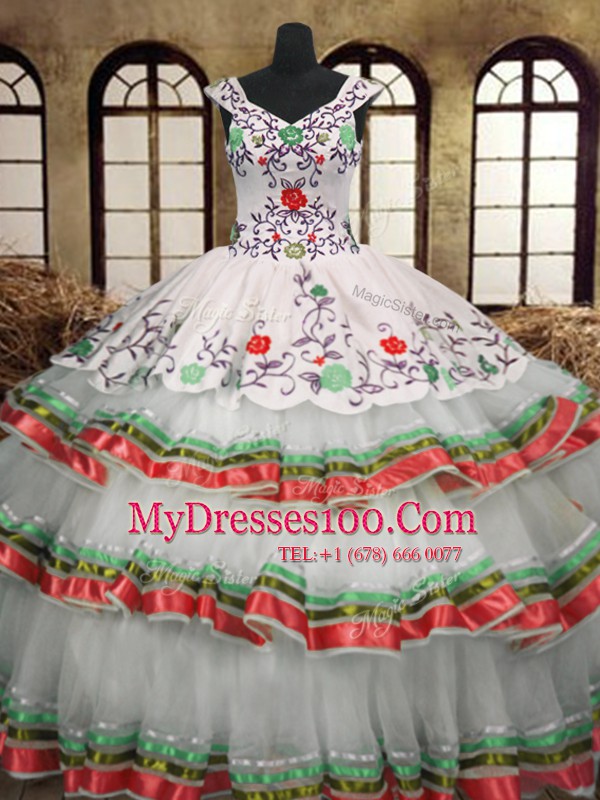 Pretty Multi-color V-neck Neckline Embroidery and Ruffled Layers 15th Birthday Dress Sleeveless Lace Up
