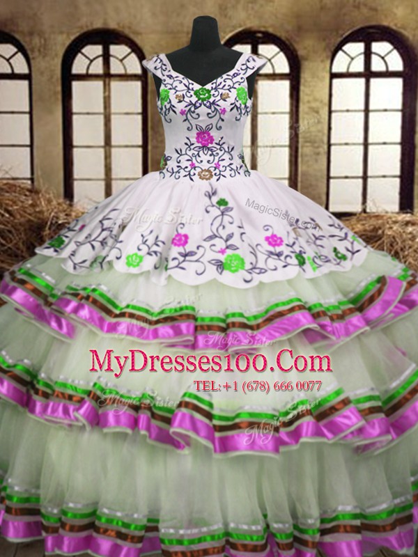 Comfortable Multi-color Sleeveless Floor Length Embroidery and Ruffled Layers Lace Up 15 Quinceanera Dress