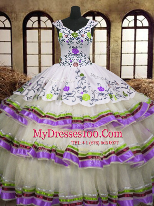 Unique Multi-color Lace Up V-neck Embroidery and Ruffled Layers Vestidos de Quinceanera Organza Sleeveless