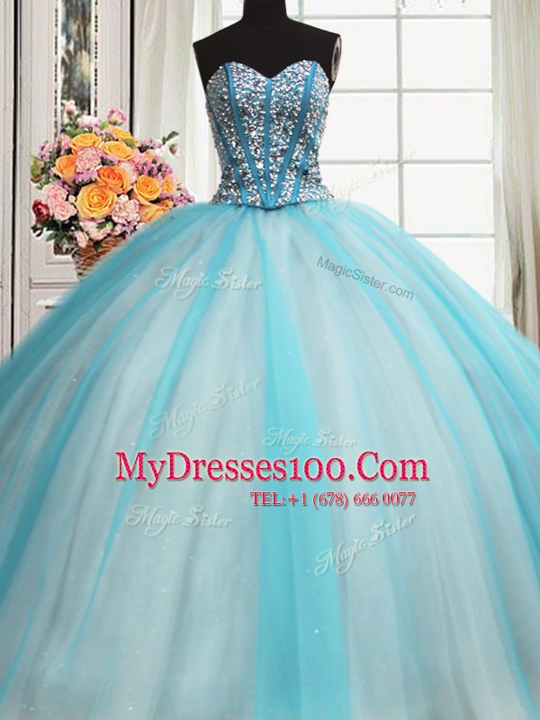 Visible Boning Beaded Bodice Sleeveless Floor Length Beading and Ruffled Layers Lace Up Vestidos de Quinceanera with Blue And White
