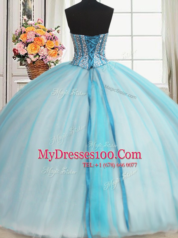 Visible Boning Beaded Bodice Sleeveless Floor Length Beading and Ruffled Layers Lace Up Vestidos de Quinceanera with Blue And White