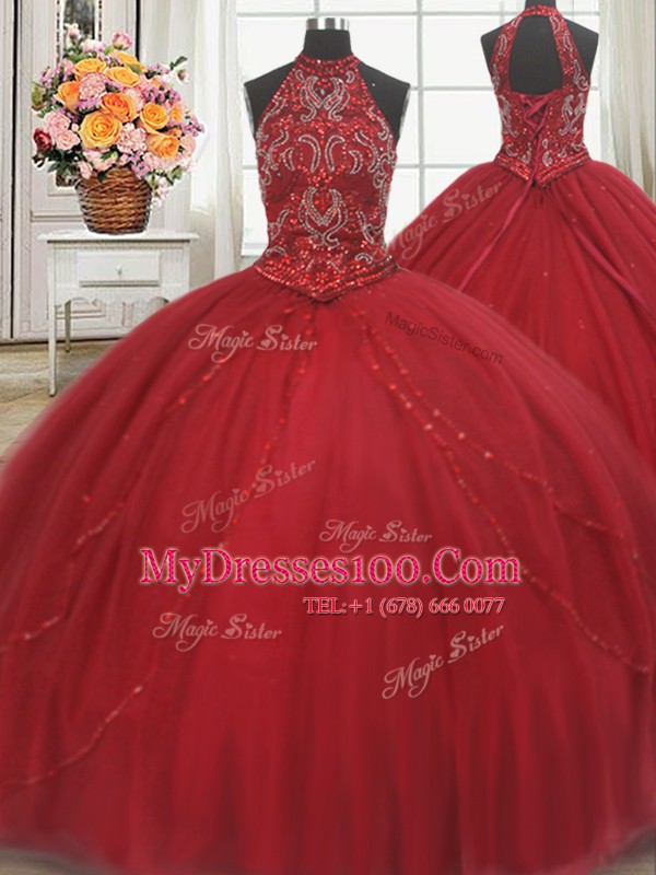 Halter Top Red Sleeveless Court Train Beading and Appliques Ball Gown Prom Dress