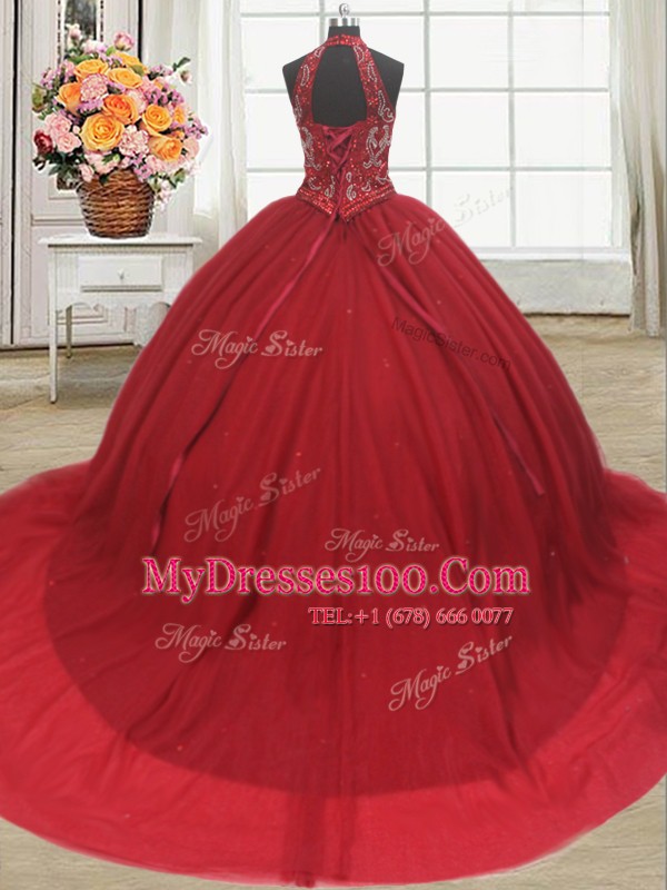 Halter Top Red Sleeveless Court Train Beading and Appliques Ball Gown Prom Dress