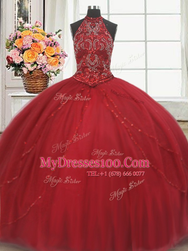 Halter Top Red Sleeveless Court Train Beading and Appliques Ball Gown Prom Dress