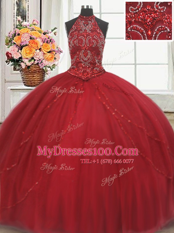 Halter Top Red Sleeveless Court Train Beading and Appliques Ball Gown Prom Dress